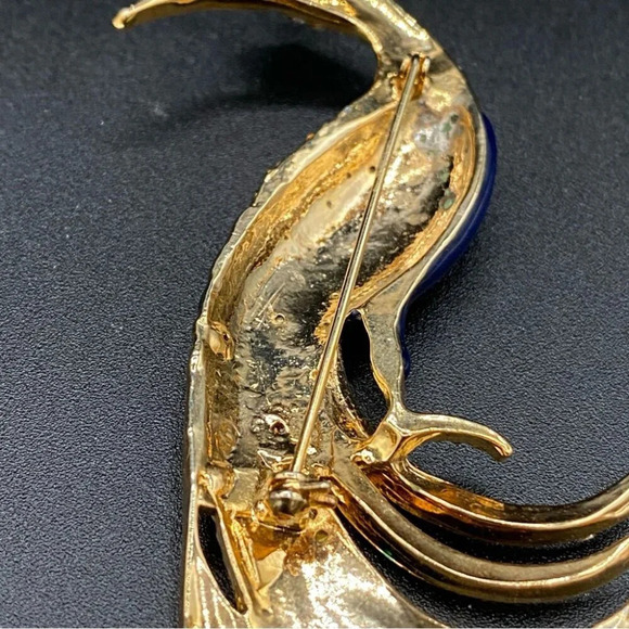 Colorful Bird Brooch In Blue, Red, Green Enamel and Sparkly Rhinestones in Gold - Picture 10 of 16